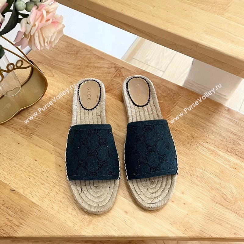 Gucci Strass GG Canvas Espadrille Flat Slides Sandal Dark Blue 2024 0604 (MD-240605081)