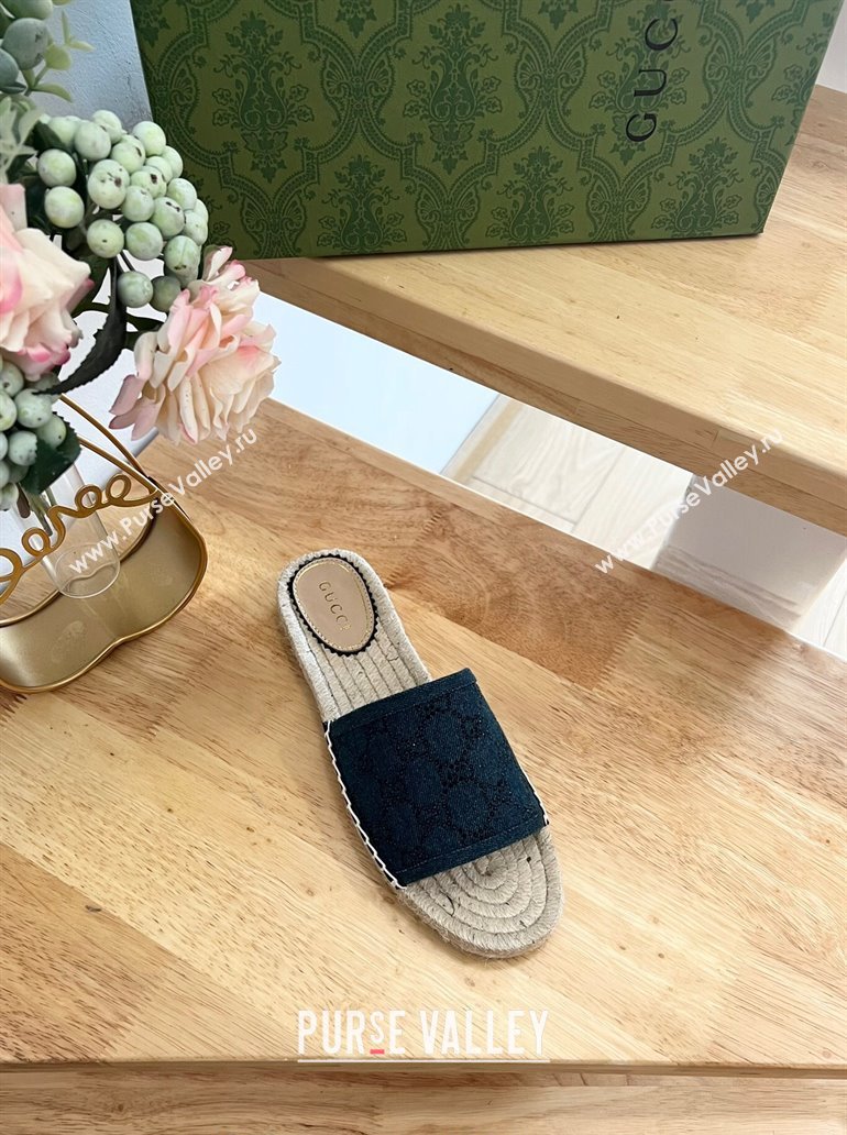 Gucci Strass GG Canvas Espadrille Flat Slides Sandal Dark Blue 2024 0604 (MD-240605081)