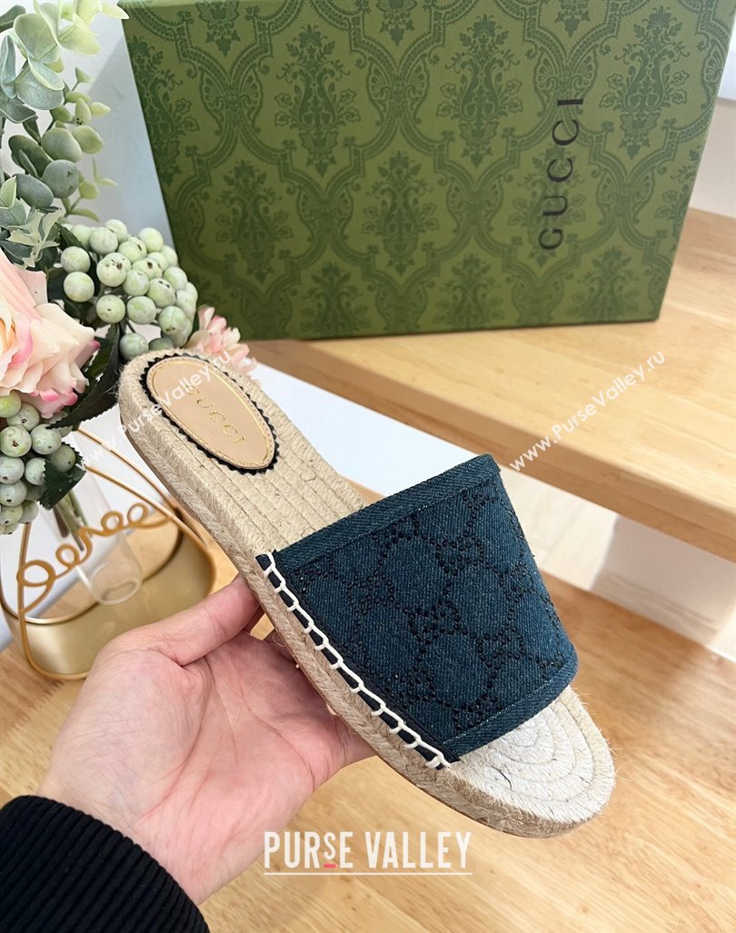 Gucci Strass GG Canvas Espadrille Flat Slides Sandal Dark Blue 2024 0604 (MD-240605081)