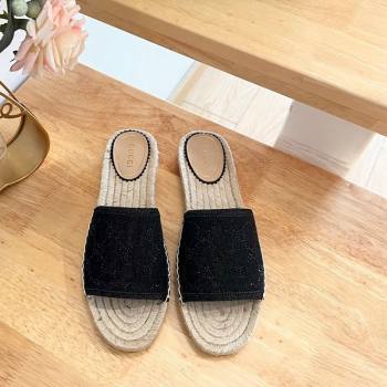 Gucci Strass GG Canvas Espadrille Flat Slides Sandal Black 2024 0604 (MD-240605083)