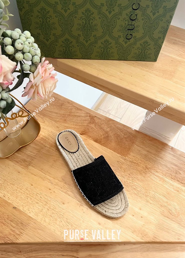 Gucci Strass GG Canvas Espadrille Flat Slides Sandal Black 2024 0604 (MD-240605083)