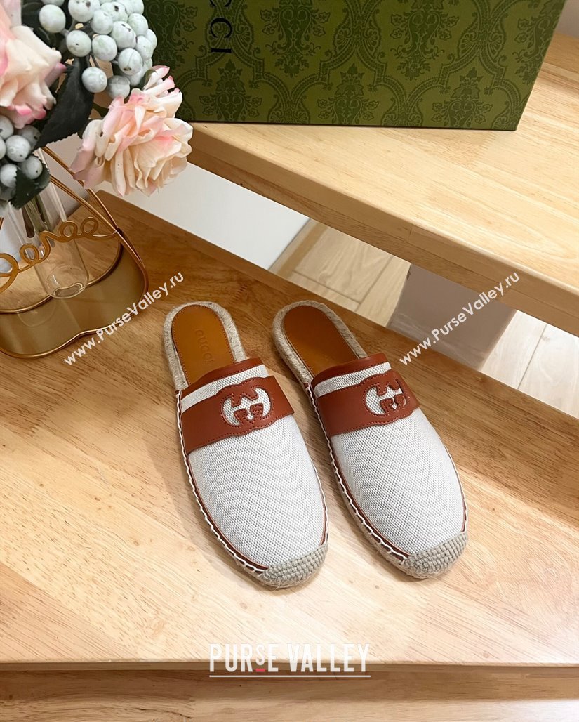 Gucci GG Canvas Espadrille Flat Mules with Interlocking G White 2024 0604 (MD-240605087)