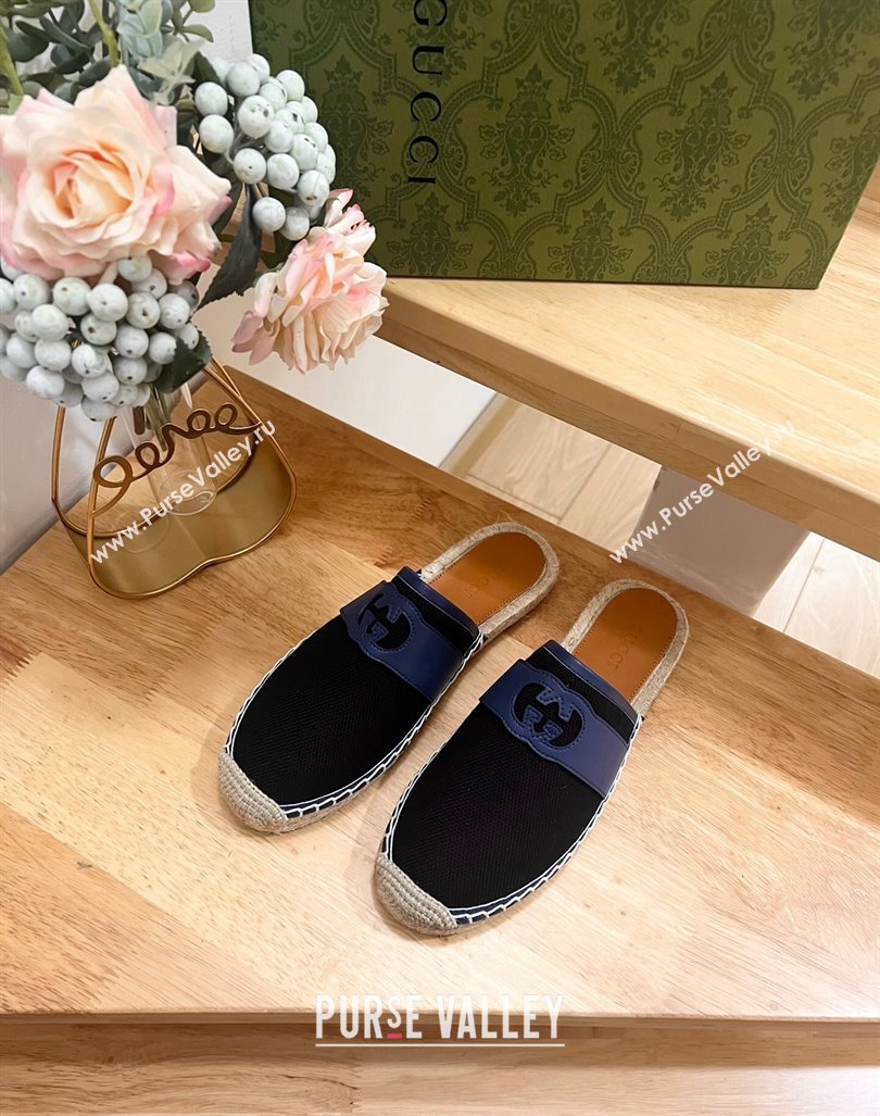 Gucci GG Canvas Espadrille Flat Mules with Interlocking G Black 2024 0604 (MD-240605088)