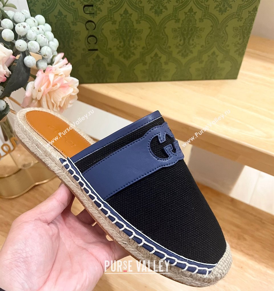 Gucci GG Canvas Espadrille Flat Mules with Interlocking G Black 2024 0604 (MD-240605088)