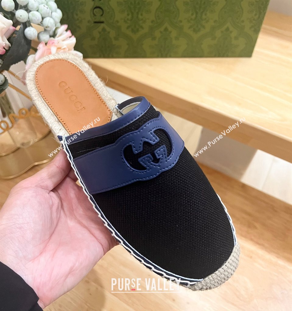 Gucci GG Canvas Espadrille Flat Mules with Interlocking G Black 2024 0604 (MD-240605088)