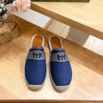 Gucci GG Denim Espadrille Flat Mules with Interlocking G Blue 2024 0604 (MD-240605089)