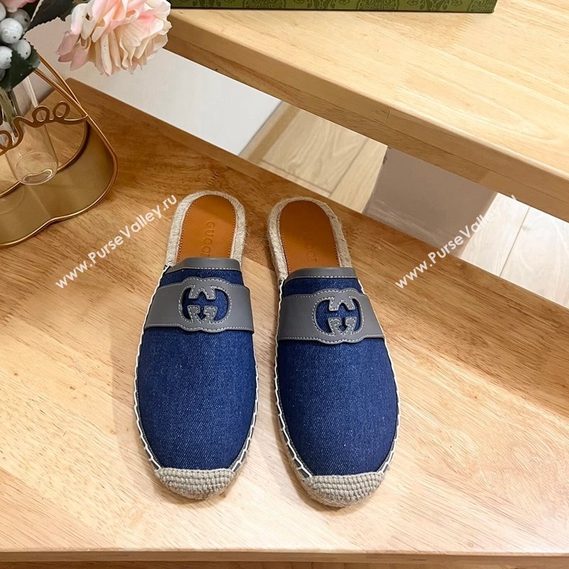 Gucci GG Denim Espadrille Flat Mules with Interlocking G Blue 2024 0604 (MD-240605089)