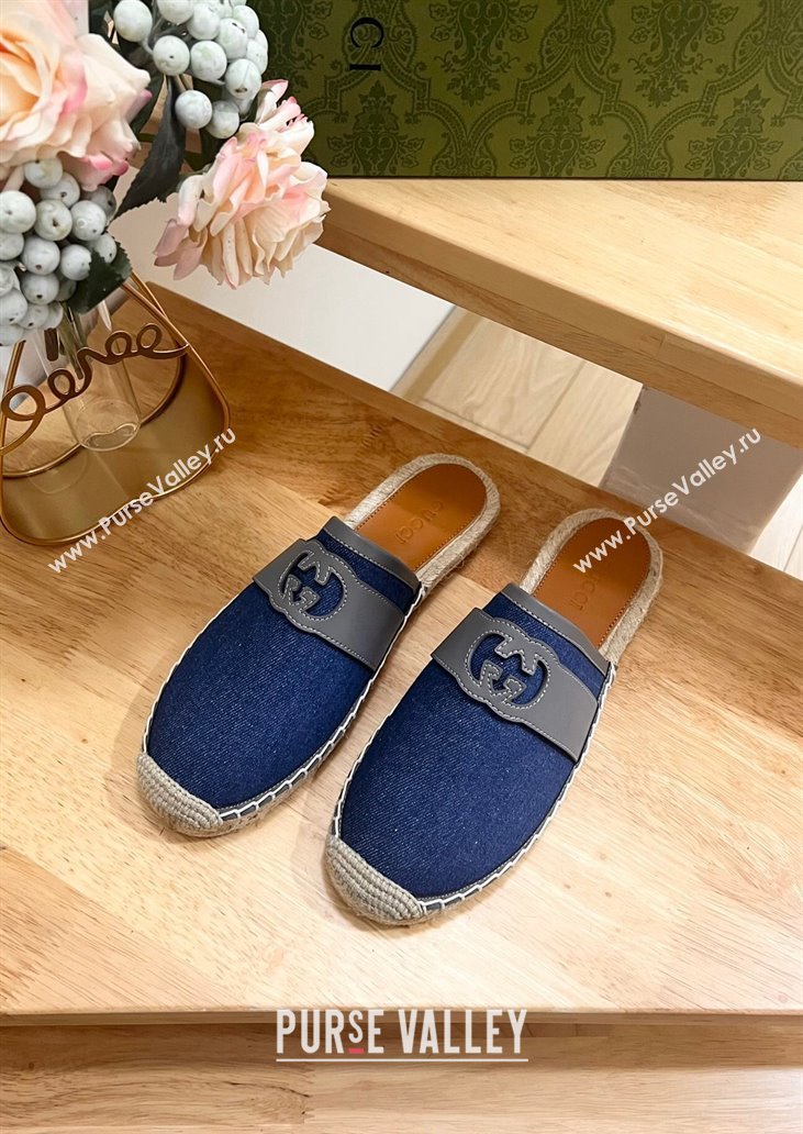 Gucci GG Denim Espadrille Flat Mules with Interlocking G Blue 2024 0604 (MD-240605089)