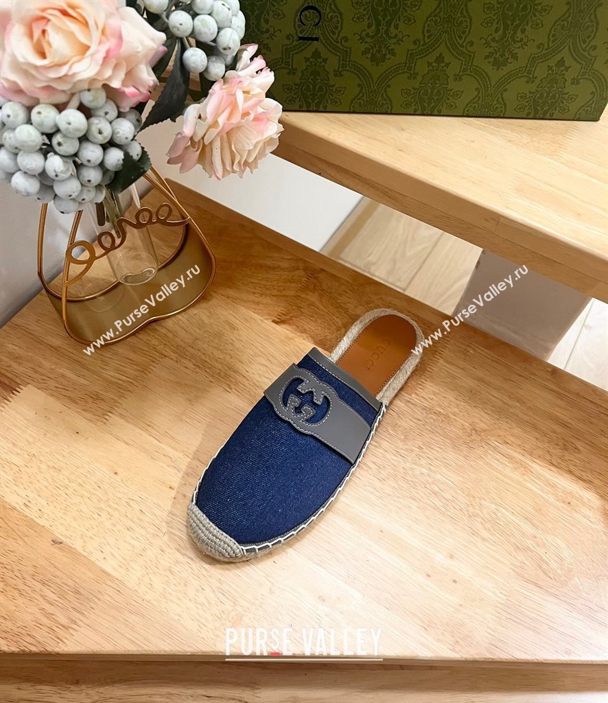 Gucci GG Denim Espadrille Flat Mules with Interlocking G Blue 2024 0604 (MD-240605089)