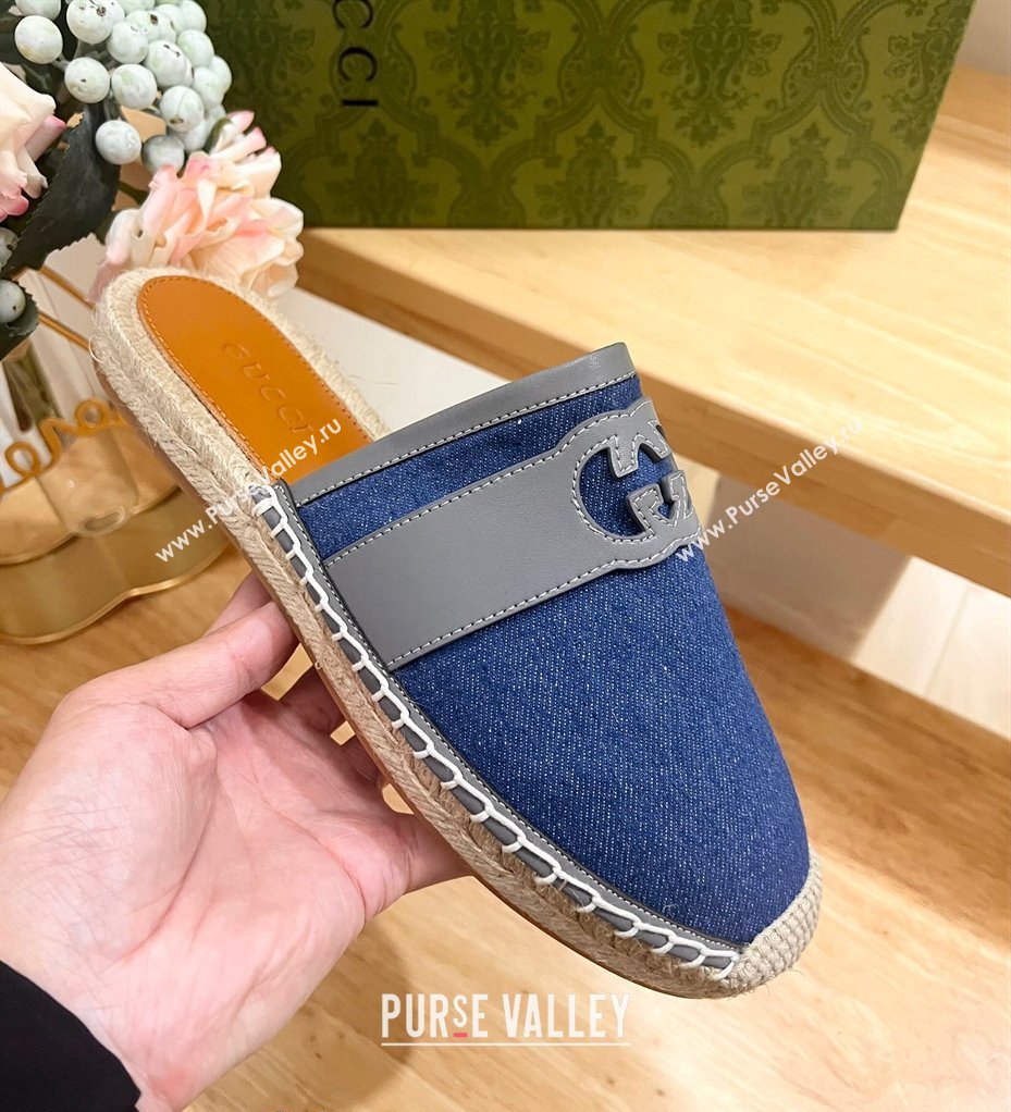 Gucci GG Denim Espadrille Flat Mules with Interlocking G Blue 2024 0604 (MD-240605089)