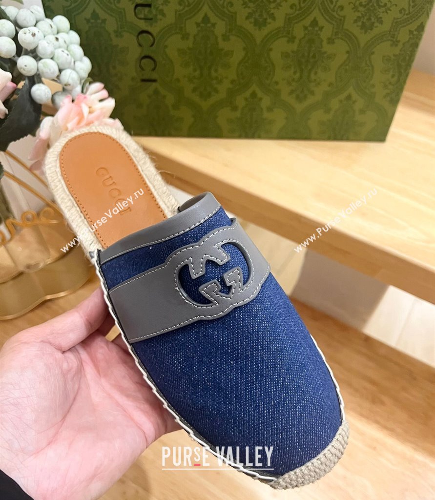 Gucci GG Denim Espadrille Flat Mules with Interlocking G Blue 2024 0604 (MD-240605089)