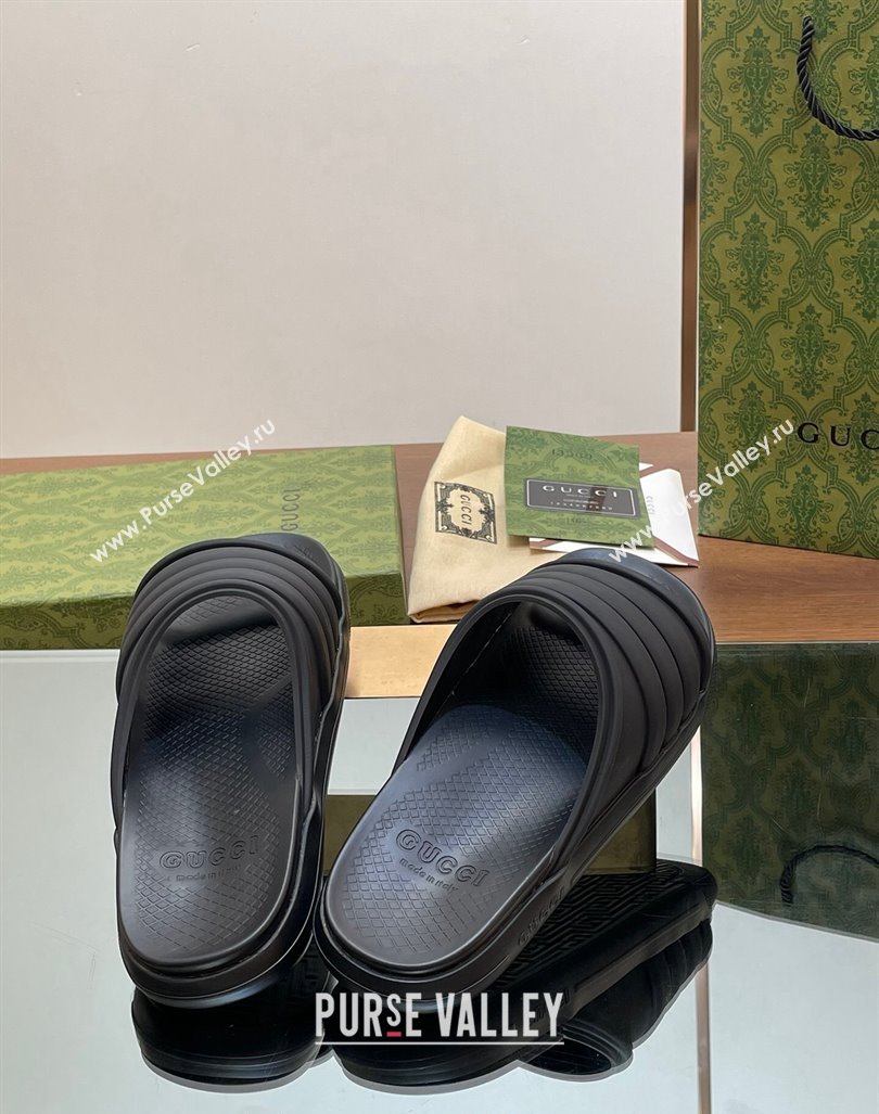 Gucci Mens Rubber Web Flat Slides Sandal All Black 2024 0605 (MD-240605164)