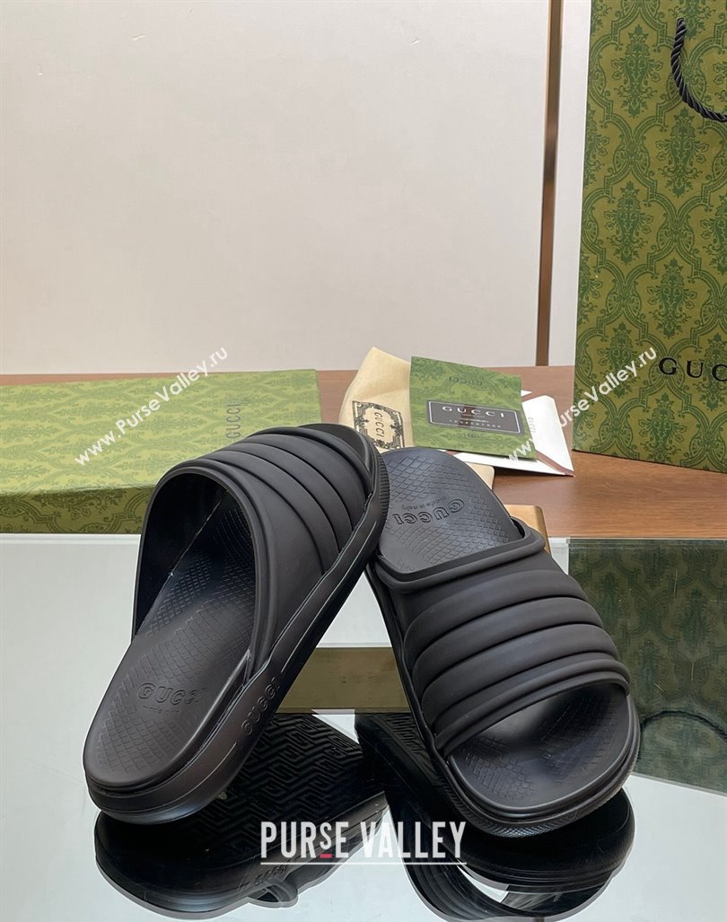 Gucci Mens Rubber Web Flat Slides Sandal All Black 2024 0605 (MD-240605164)