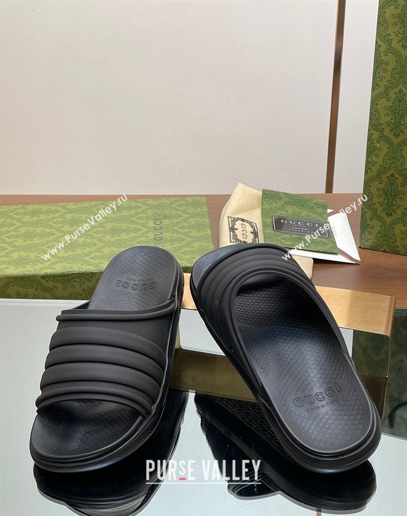 Gucci Mens Rubber Web Flat Slides Sandal All Black 2024 0605 (MD-240605164)