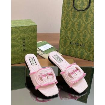 Gucci Interlocking G Flat Slide Sandals in Frayed Canvas with Fringe Light Pink 2024 (MD-240605168)
