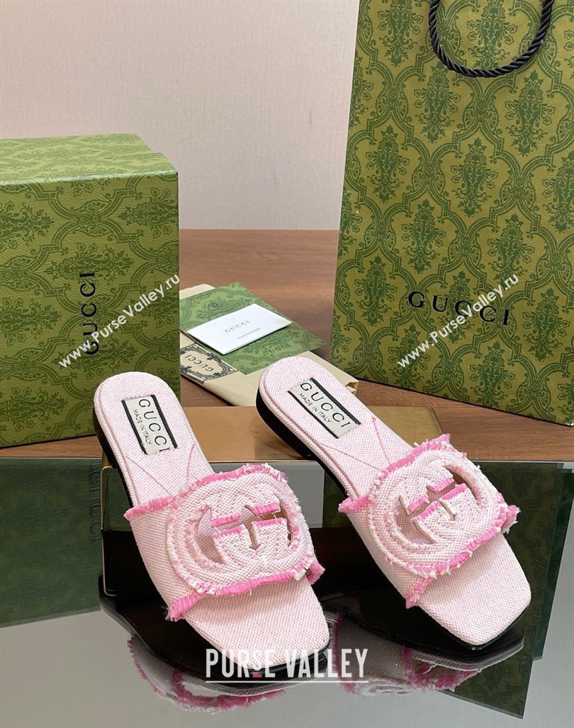 Gucci Interlocking G Flat Slide Sandals in Frayed Canvas with Fringe Light Pink 2024 (MD-240605168)