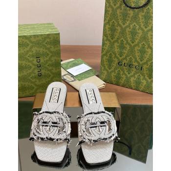 Gucci Interlocking G Flat Slide Sandals in Frayed Canvas with Fringe Grey/Black 2024 (MD-240605169)