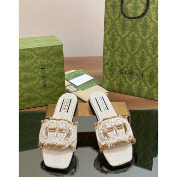 Gucci Interlocking G Flat Slide Sandals in Frayed Canvas with Fringe Brown 2024 (MD-240605171)