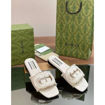Gucci Interlocking G Flat Slide Sandals in Frayed Canvas with Fringe White/Grey 2024 (MD-240605172)