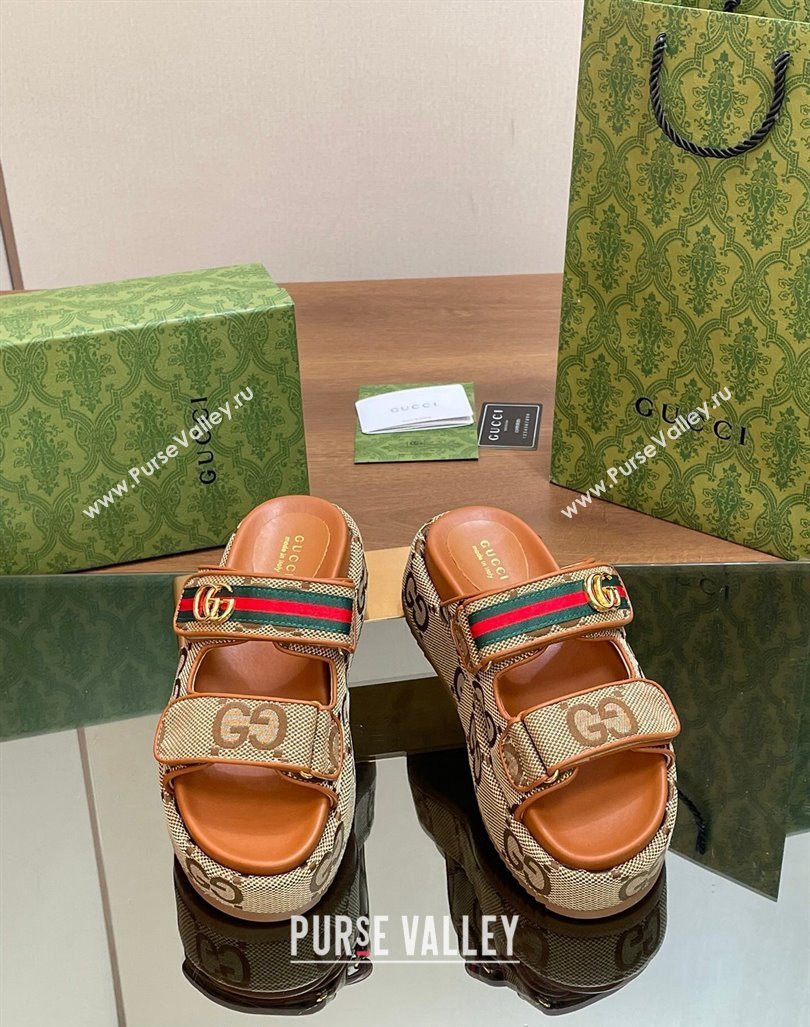 Gucci Maxi GG Canvas Platform Slides Sandal 5.5cm with Strap and Web Camel/Brown 2024 0605 (MD-240605033)