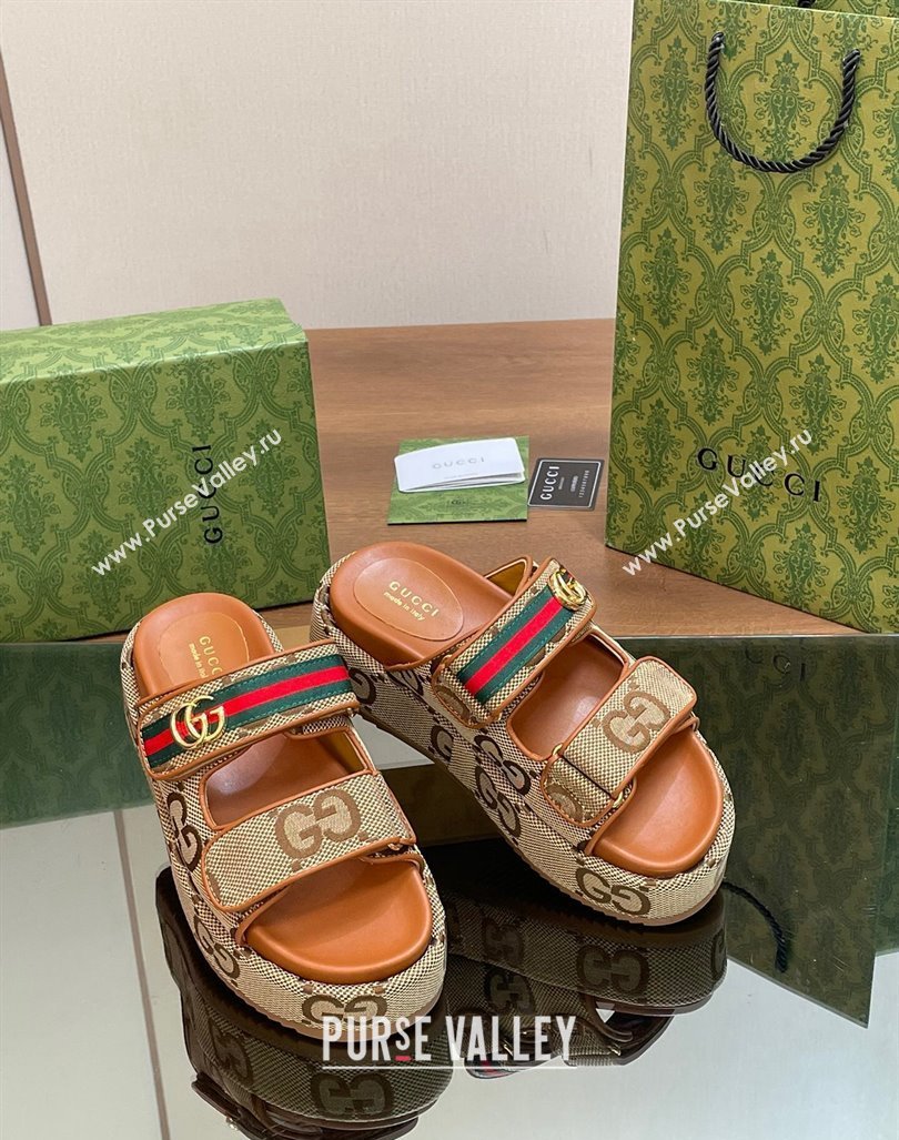 Gucci Maxi GG Canvas Platform Slides Sandal 5.5cm with Strap and Web Camel/Brown 2024 0605 (MD-240605033)