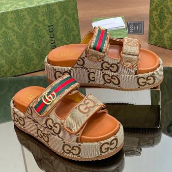 Gucci Maxi GG Canvas Platform Slides Sandal 5.5cm with Strap and Web Camel/Brown 2024 0605 (MD-240605033)