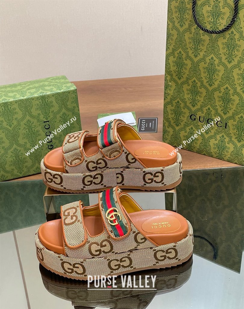 Gucci Maxi GG Canvas Platform Slides Sandal 5.5cm with Strap and Web Camel/Brown 2024 0605 (MD-240605033)