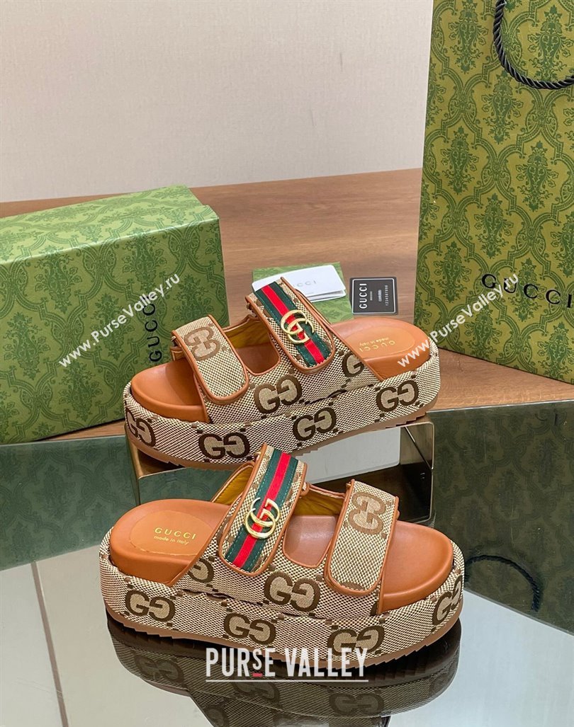 Gucci Maxi GG Canvas Platform Slides Sandal 5.5cm with Strap and Web Camel/Brown 2024 0605 (MD-240605033)