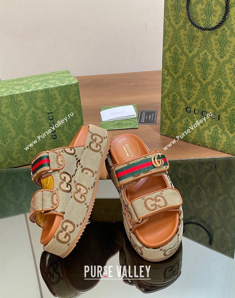 Gucci Maxi GG Canvas Platform Slides Sandal 5.5cm with Strap and Web Camel/Brown 2024 0605 (MD-240605033)