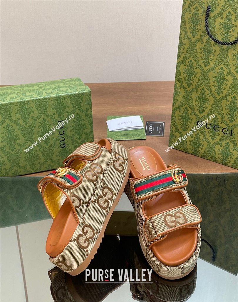 Gucci Maxi GG Canvas Platform Slides Sandal 5.5cm with Strap and Web Camel/Brown 2024 0605 (MD-240605033)