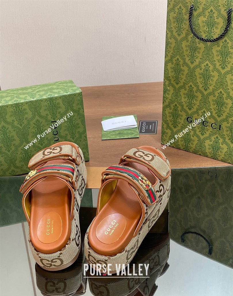 Gucci Maxi GG Canvas Platform Slides Sandal 5.5cm with Strap and Web Camel/Brown 2024 0605 (MD-240605033)