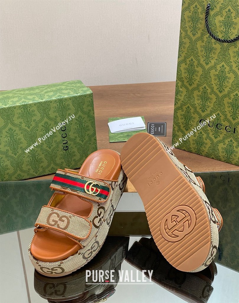 Gucci Maxi GG Canvas Platform Slides Sandal 5.5cm with Strap and Web Camel/Brown 2024 0605 (MD-240605033)