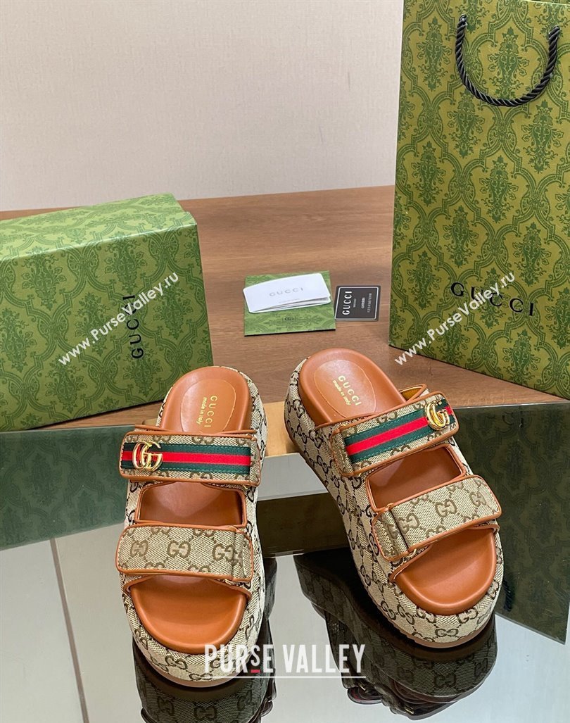 Gucci GG Canvas Platform Slides Sandal 5.5cm with Strap and Web Camel Brown 2 2024 0605 (MD-240605034)