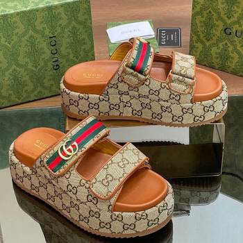 Gucci GG Canvas Platform Slides Sandal 5.5cm with Strap and Web Camel Brown 2 2024 0605 (MD-240605034)