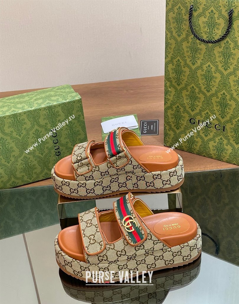 Gucci GG Canvas Platform Slides Sandal 5.5cm with Strap and Web Camel Brown 2 2024 0605 (MD-240605034)