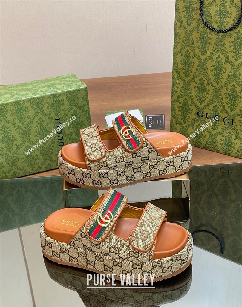 Gucci GG Canvas Platform Slides Sandal 5.5cm with Strap and Web Camel Brown 2 2024 0605 (MD-240605034)