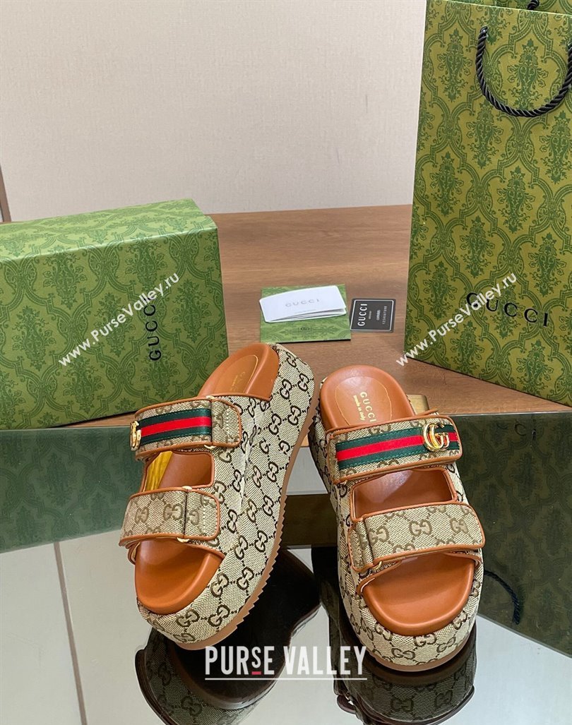 Gucci GG Canvas Platform Slides Sandal 5.5cm with Strap and Web Camel Brown 2 2024 0605 (MD-240605034)