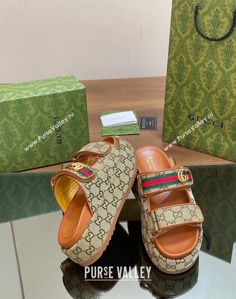 Gucci GG Canvas Platform Slides Sandal 5.5cm with Strap and Web Camel Brown 2 2024 0605 (MD-240605034)