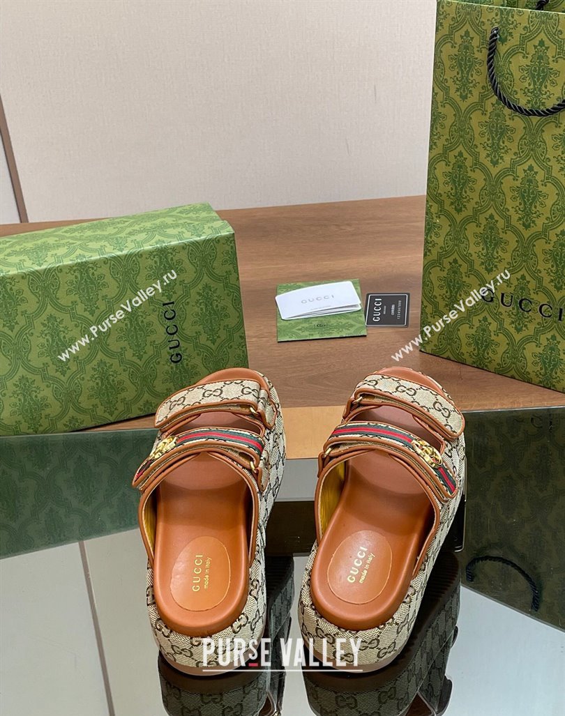 Gucci GG Canvas Platform Slides Sandal 5.5cm with Strap and Web Camel Brown 2 2024 0605 (MD-240605034)