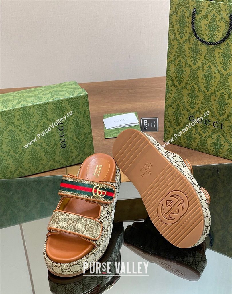 Gucci GG Canvas Platform Slides Sandal 5.5cm with Strap and Web Camel Brown 2 2024 0605 (MD-240605034)