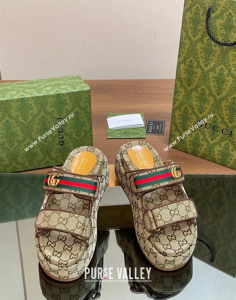 Gucci GG Canvas Platform Slides Sandal 5.5cm with Strap and Web Beige 2024 0605 (MD-240605035)