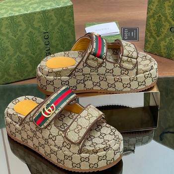 Gucci GG Canvas Platform Slides Sandal 5.5cm with Strap and Web Beige 2024 0605 (MD-240605035)