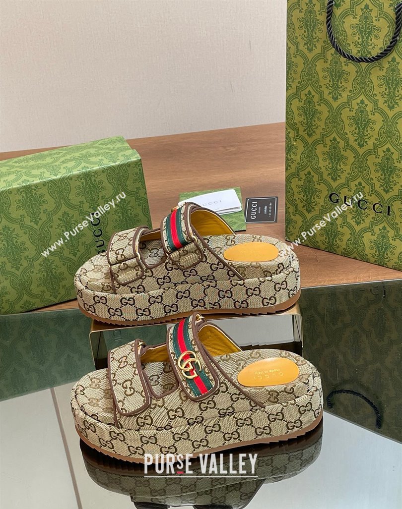 Gucci GG Canvas Platform Slides Sandal 5.5cm with Strap and Web Beige 2024 0605 (MD-240605035)