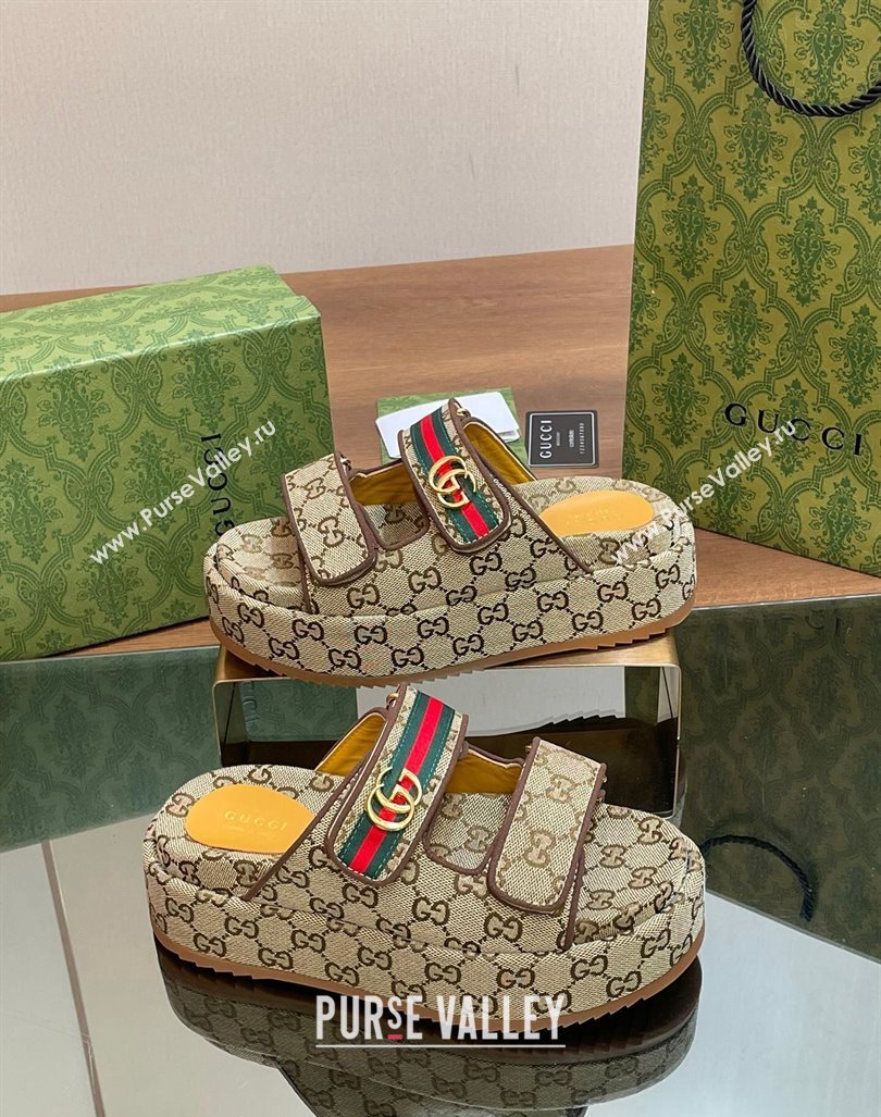 Gucci GG Canvas Platform Slides Sandal 5.5cm with Strap and Web Beige 2024 0605 (MD-240605035)