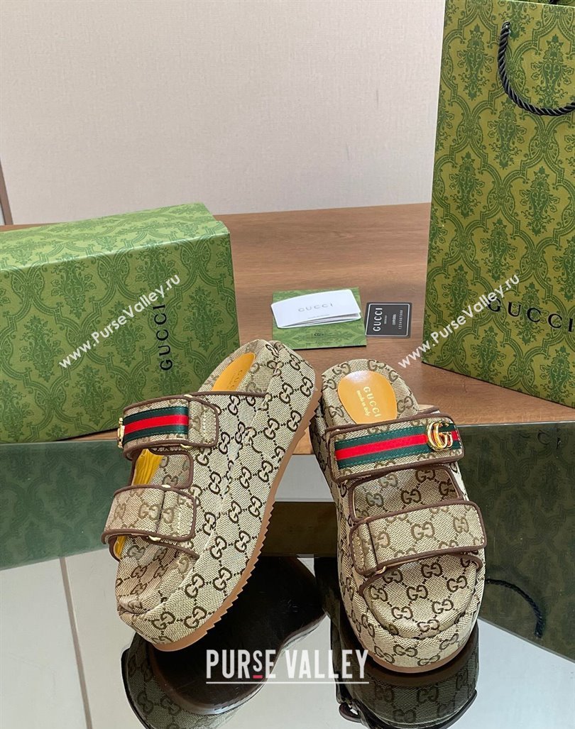 Gucci GG Canvas Platform Slides Sandal 5.5cm with Strap and Web Beige 2024 0605 (MD-240605035)