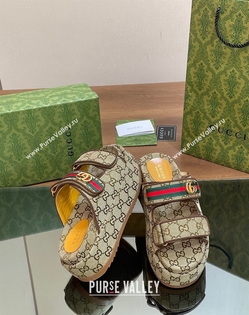 Gucci GG Canvas Platform Slides Sandal 5.5cm with Strap and Web Beige 2024 0605 (MD-240605035)