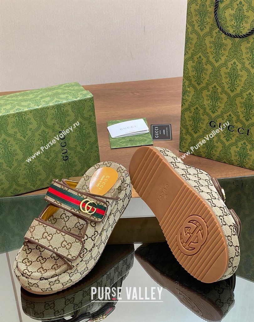 Gucci GG Canvas Platform Slides Sandal 5.5cm with Strap and Web Beige 2024 0605 (MD-240605035)