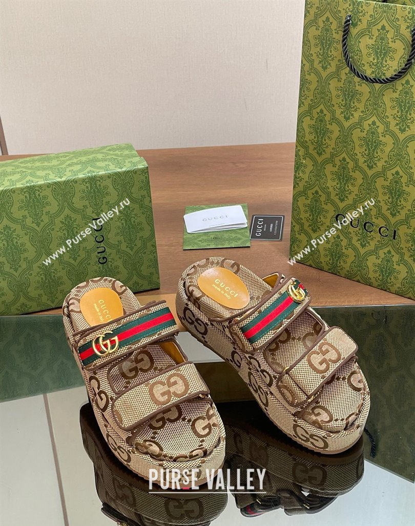 Gucci Maxi GG Canvas Platform Slides Sandal 5.5cm with Strap and Web Camel/Coffee 2024 0605 (MD-240605036)