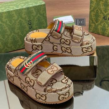 Gucci Maxi GG Canvas Platform Slides Sandal 5.5cm with Strap and Web Camel/Coffee 2024 0605 (MD-240605036)