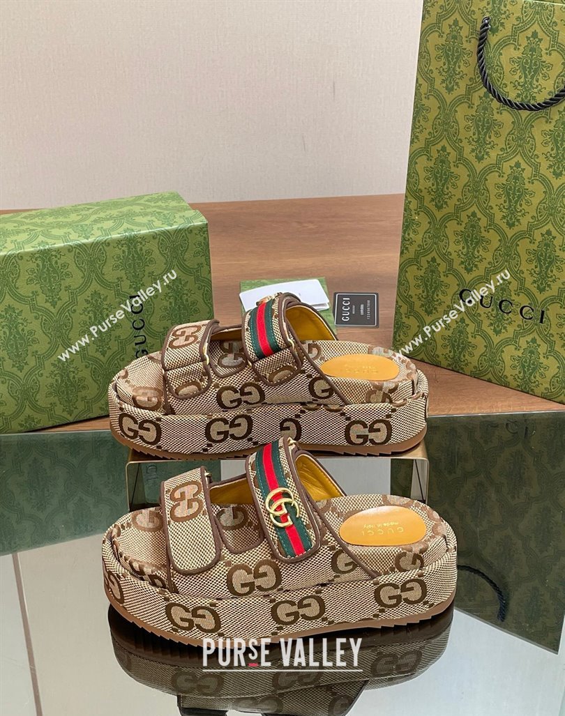 Gucci Maxi GG Canvas Platform Slides Sandal 5.5cm with Strap and Web Camel/Coffee 2024 0605 (MD-240605036)